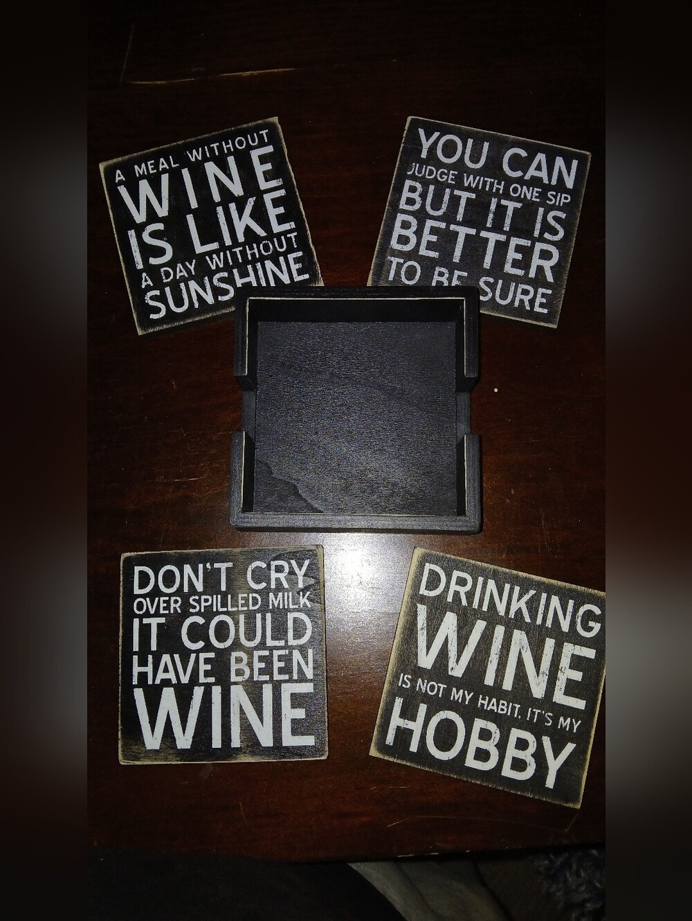 Black Wine-Themed Coaster Set with Storage Box 🍷